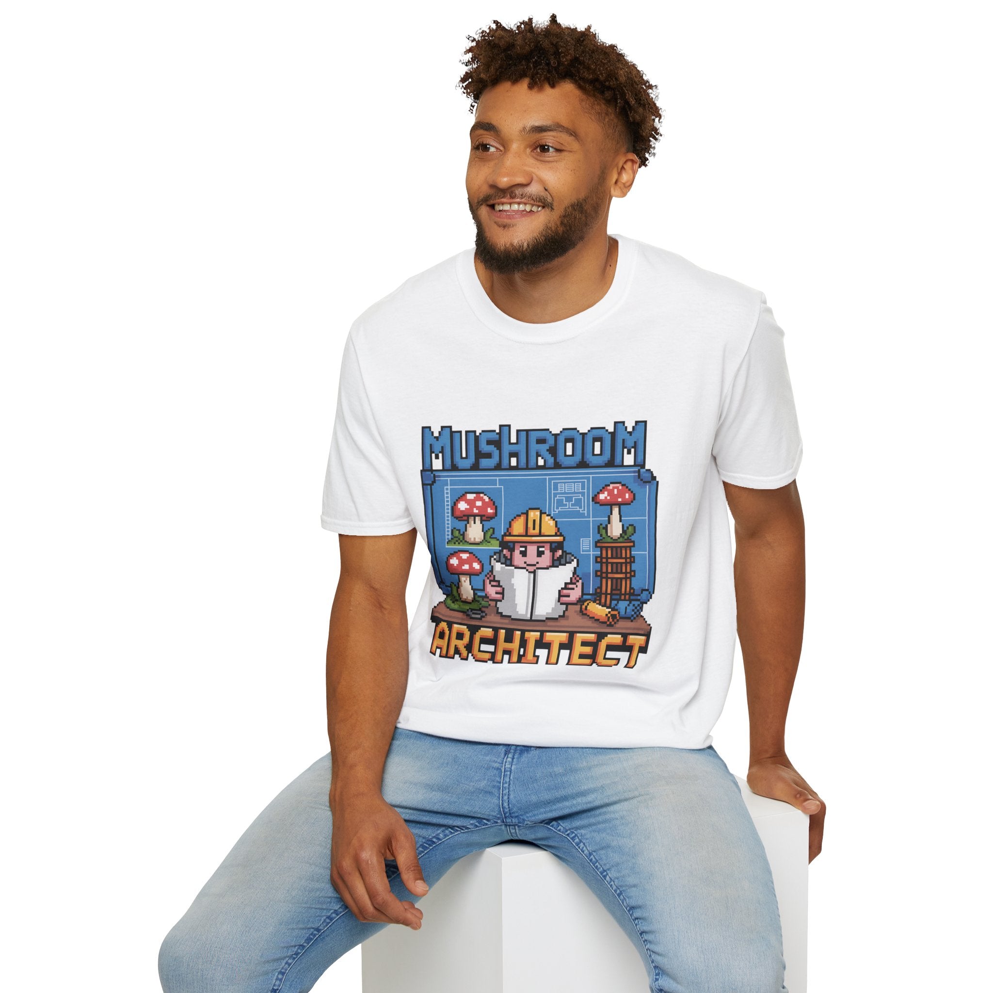 Mushroom Architect 8-Bit Construction Badge T-Shirt