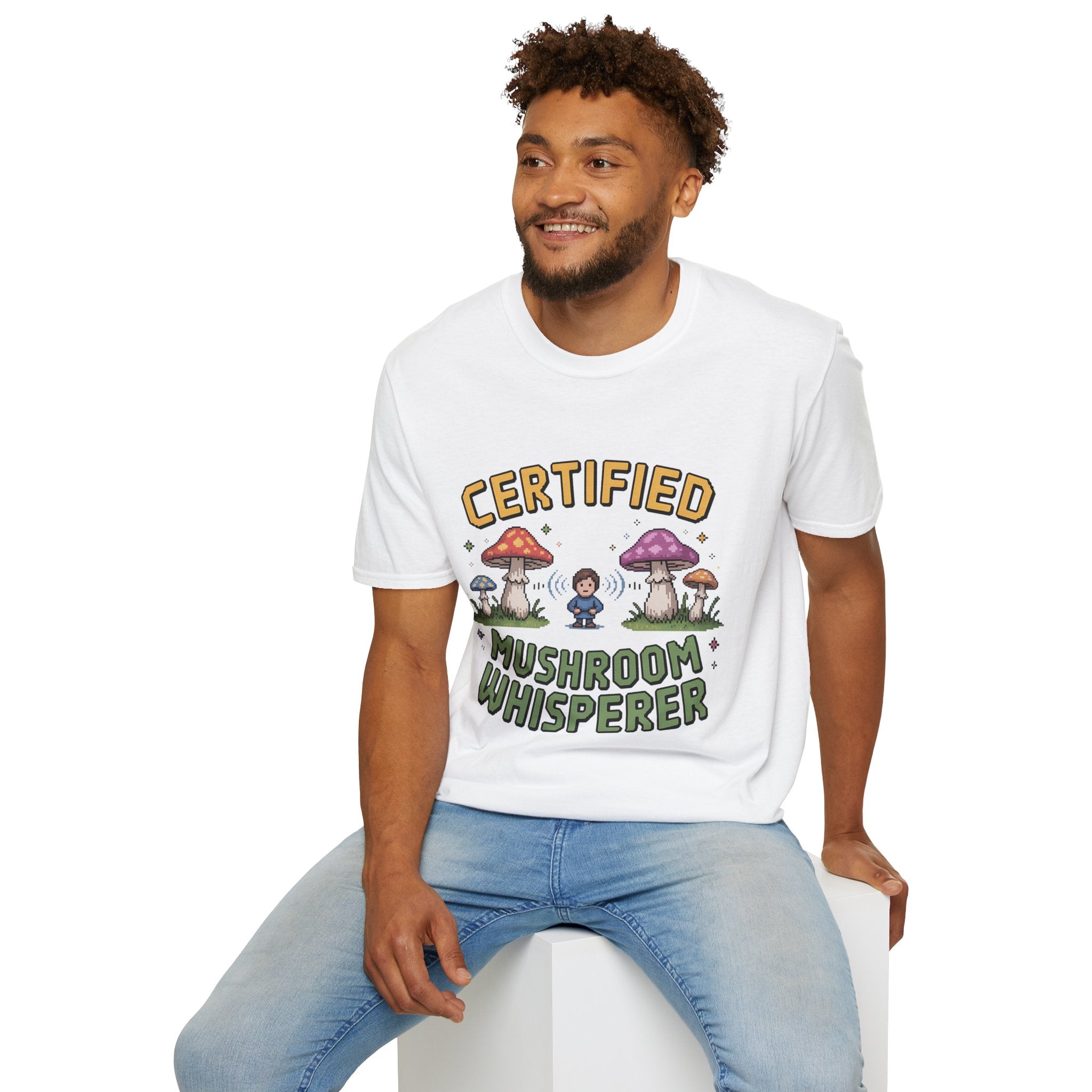 Certified Mushroom Whisperer 8-Bit Mystical Badge T-Shirt