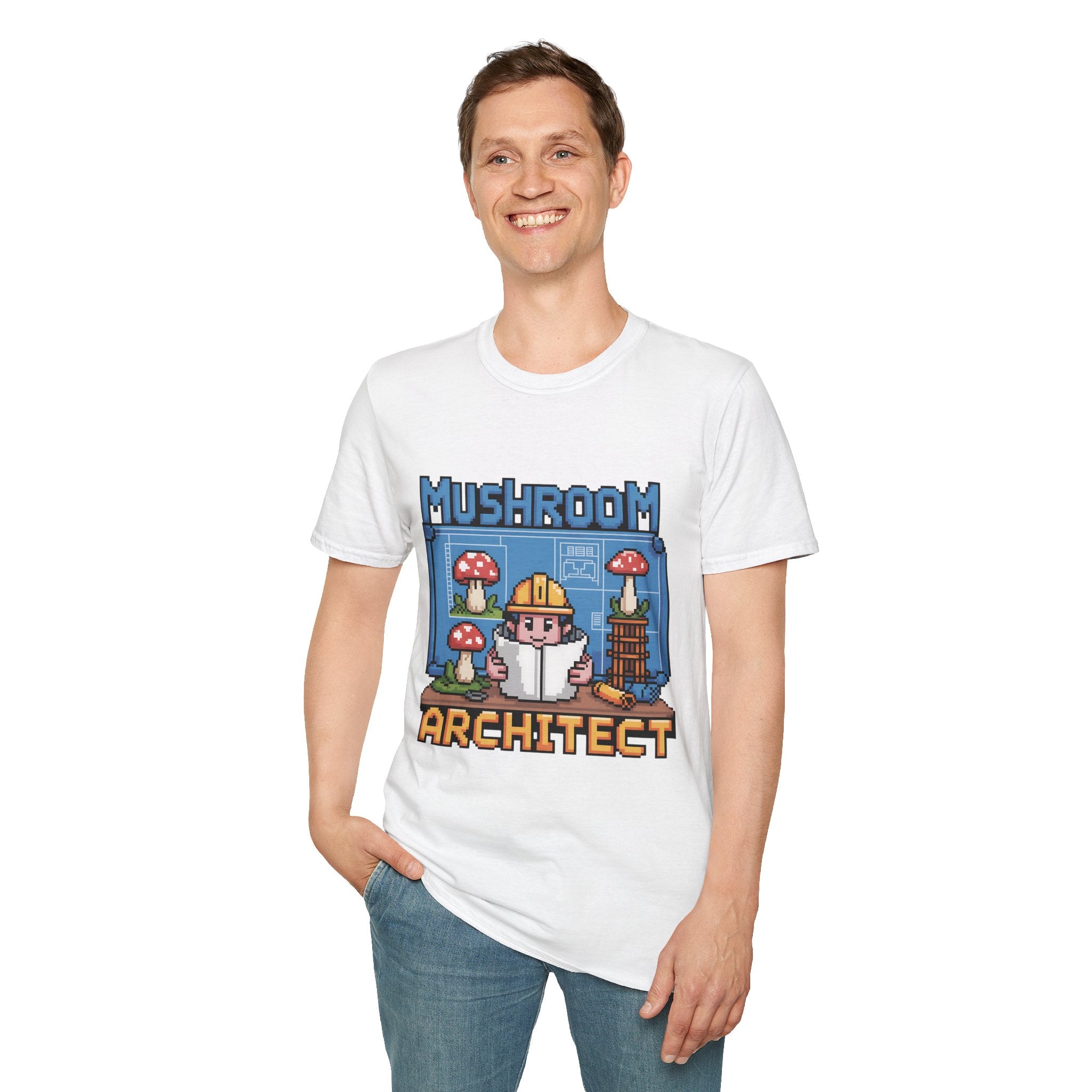 Mushroom Architect 8-Bit Construction Badge T-Shirt