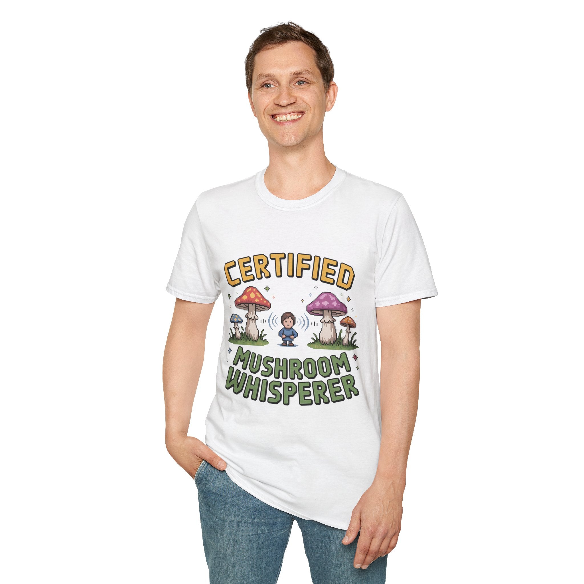 Certified Mushroom Whisperer 8-Bit Mystical Badge T-Shirt