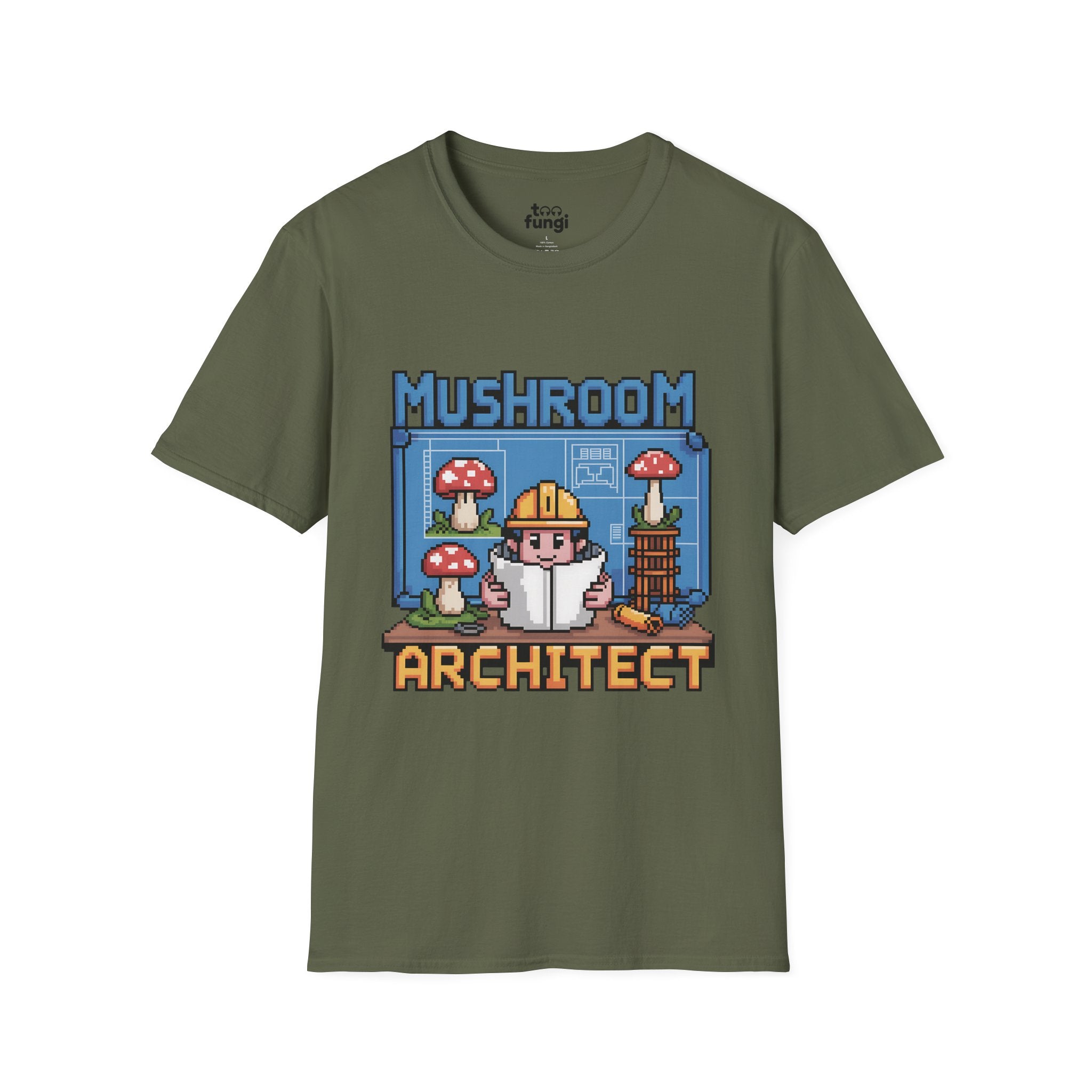 Mushroom Architect 8-Bit Construction Badge T-Shirt