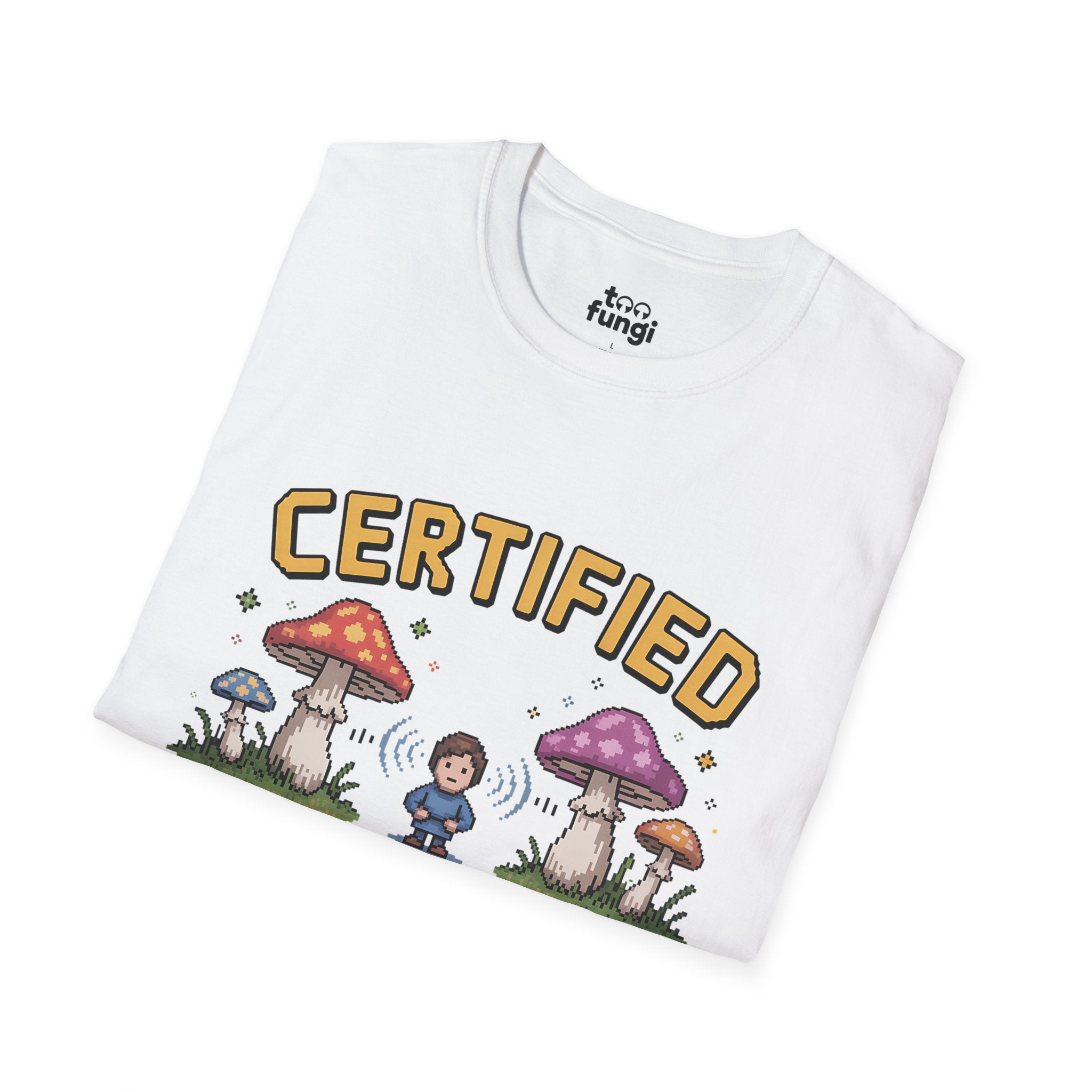 Certified Mushroom Whisperer 8-Bit Mystical Badge T-Shirt
