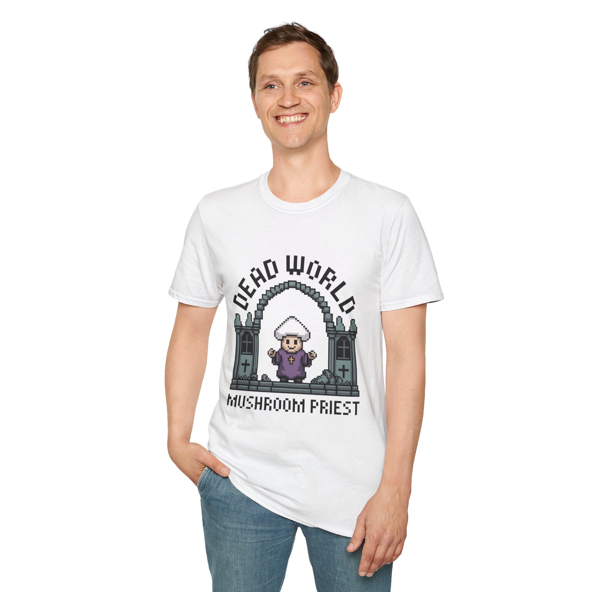 Dead World Mushroom Priest 8-Bit Gothic Badge T-Shirt